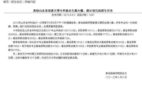 青岛滨海学院的专科录取分数线大概多少