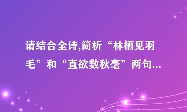 请结合全诗,简析“林栖见羽毛”和“直欲数秋毫”两句的妙处。(6分)1.C 解析 C项,不是把“霜露”比喻成“雪”,而是把“月光”比喻成“霜雪”。2.参考答案 “林栖见羽毛”,走在林间路上能看清栖息的鸟儿的羽毛;“直欲数秋毫”,简直想要数清兔子身上的细毛。烘托出了月光的皎洁,反衬自己内心的愁情。月光越明,愁情越重,极言流离之苦和归心之重。